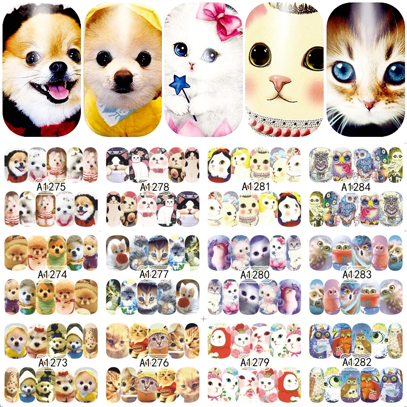 

12 Sheets Mixed Designs Cute Dog Cat Full Cover Water Transfer Nail Art Decorations Stickers Beauty Nails Manicure Tools 1273