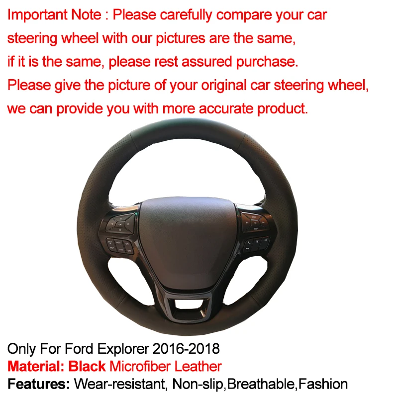 HuiER Hand Sewing Car Steering Wheel Cover Wear-resistant Car Styling Black Leather For Ford Explorer 2016-2018 steering wheel