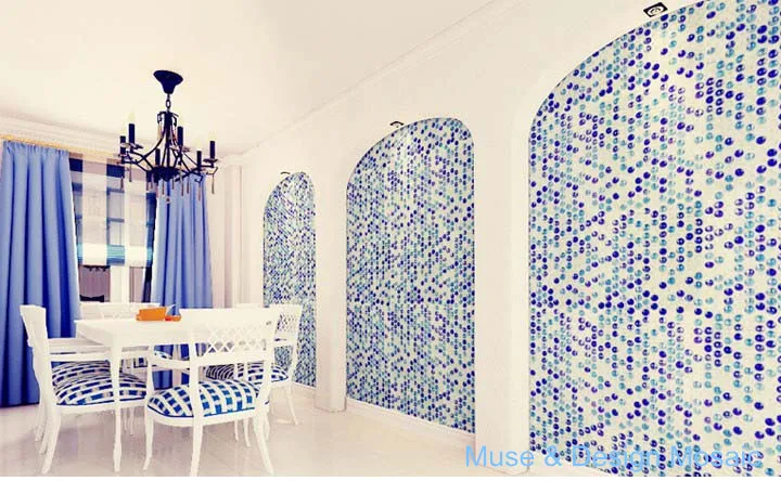 Mediterranean Sea Blue White round glass mosaic tile Kitchen backsplash bathroom garden boarder liner wall floor tile