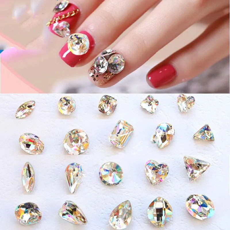 100pcs Rhinestone Pointed Bottom Flash Crystal Stone Accessories, Mixed Shape Diamond Rhinestone for Women Nail Art Decoration