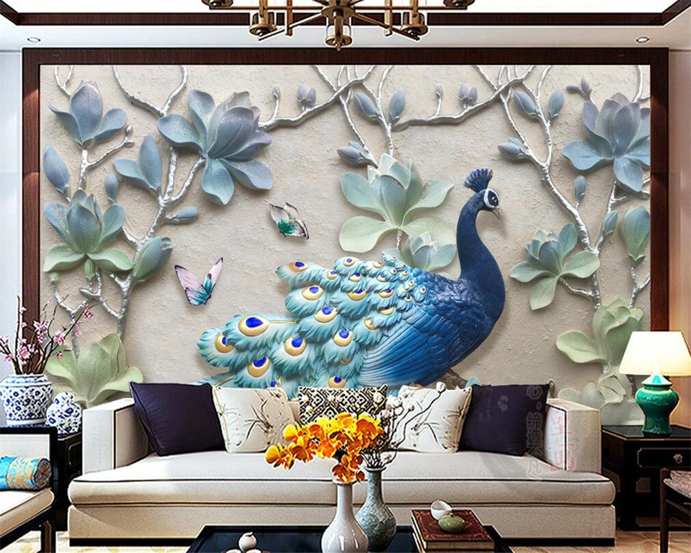 

beibehang Home Decor Wallpaper Mural Modern Fresh Stereo Relief Peacock TV Sofa Background Wall 3d wallpaper papel de parede