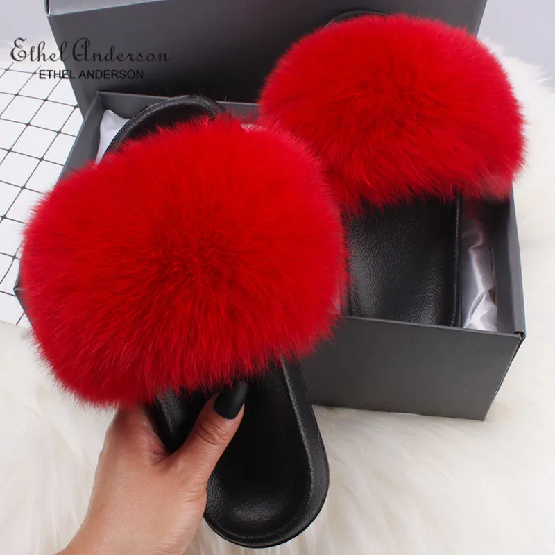 Ethel Anderson 2021 Fox furry fluffy women fur Slippers summer Fur Slides Sandals plush designer shoes furry flip flops women