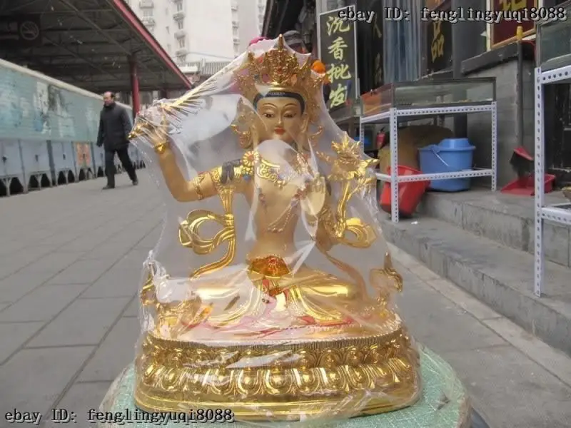 Tibet Folk Buddhism Bronze painted Gilt Manjusri Kwan-Yin Goddess Buddha Statue