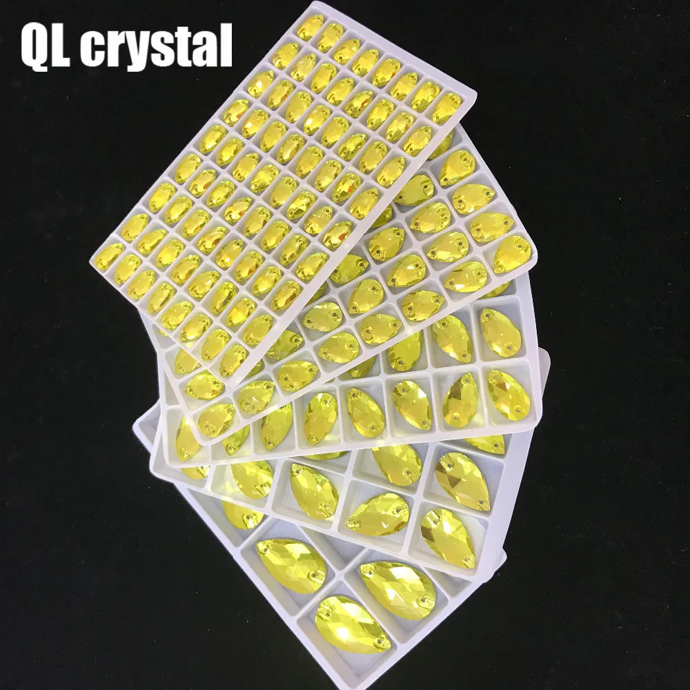 ALL Size QL Crystal 2018 popular Lemon yellow Drops Sew On Crystal Stones Sewing On Rhinestone 2 Holes DIY Garment Dress Making