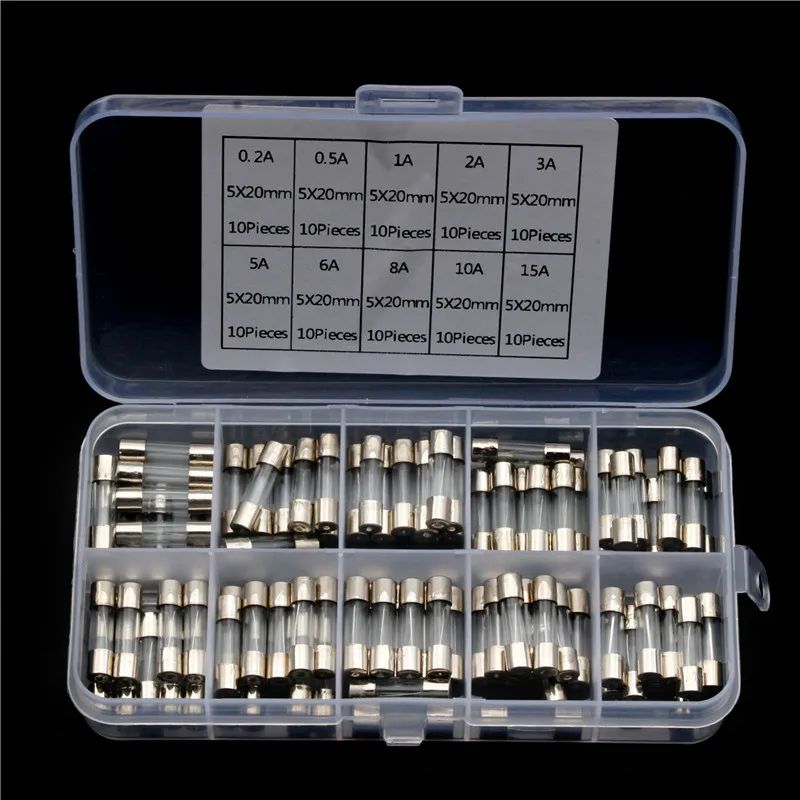 

SVALID 5x20mm Quick Blow Glass Tube Fuse Assorted Set 100PCS Fast-blow Glass Fuses 0.2A/0.5A/2A/3A/5A/6A/8A/10A/15A Kit