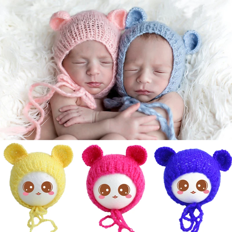 New Baby Hat Soft Mohair Bear Ear Newborn Knitted Hat Cap Infant Photography Props Crochet Pictures Accessories Bonnet