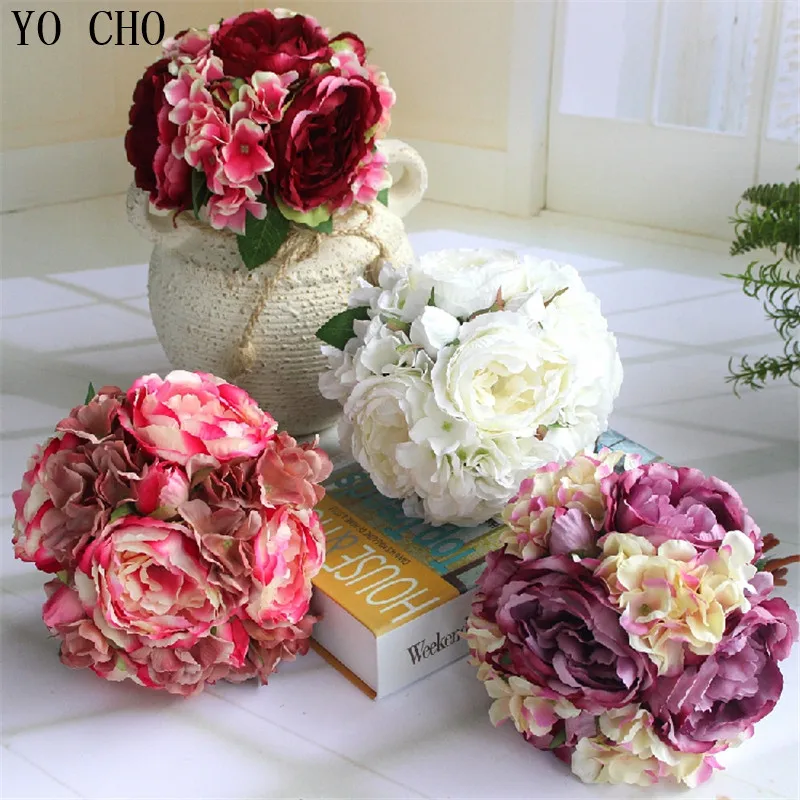 12 Heads Fake Hydrangea artificial Peony Bouquet Silk Real Touch Rose Bridal Flower Arrangement Home Wedding Party Garden Decor