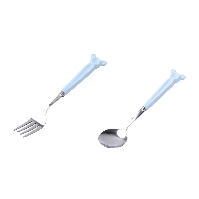 Stainless Steel Dinnerware Set for Children, Ceramic Long Handle Fork, Blue, Solid, Pink, Cute Cartoon Tableware, 2Pcs Set