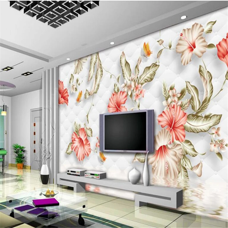 beibehang Custom Wallpaper Red Romantic Hibiscus Flower Butterfly Soft Bag Large Fresco Non-woven 3D TV Backdrop