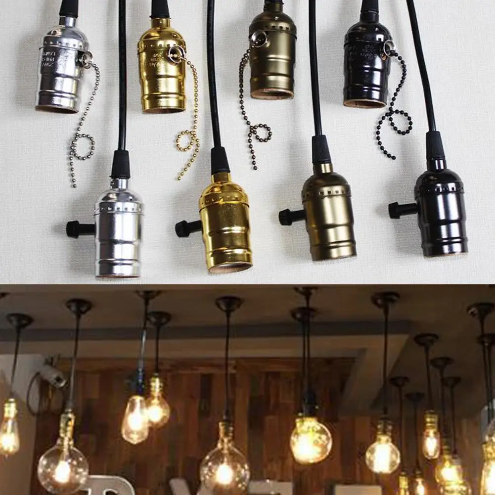 ลูกบิด/สวิตช์ซิป Retro Edison หลอดไฟ E27 ซ็อกเก็ตโบราณทองเหลืองฐานโคมไฟสายไฟ Grip เกลียว Lampholder สำหรับจี้ light