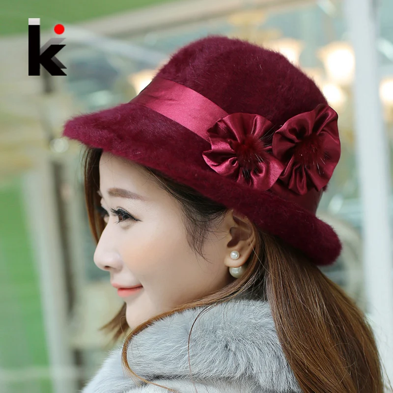 Free Shopping Fashion And Elegant Cap Female Fedoras Winter Pure Rex Rabbit Hat Keep Warm Caps Flower Decoration Fedoras Hats