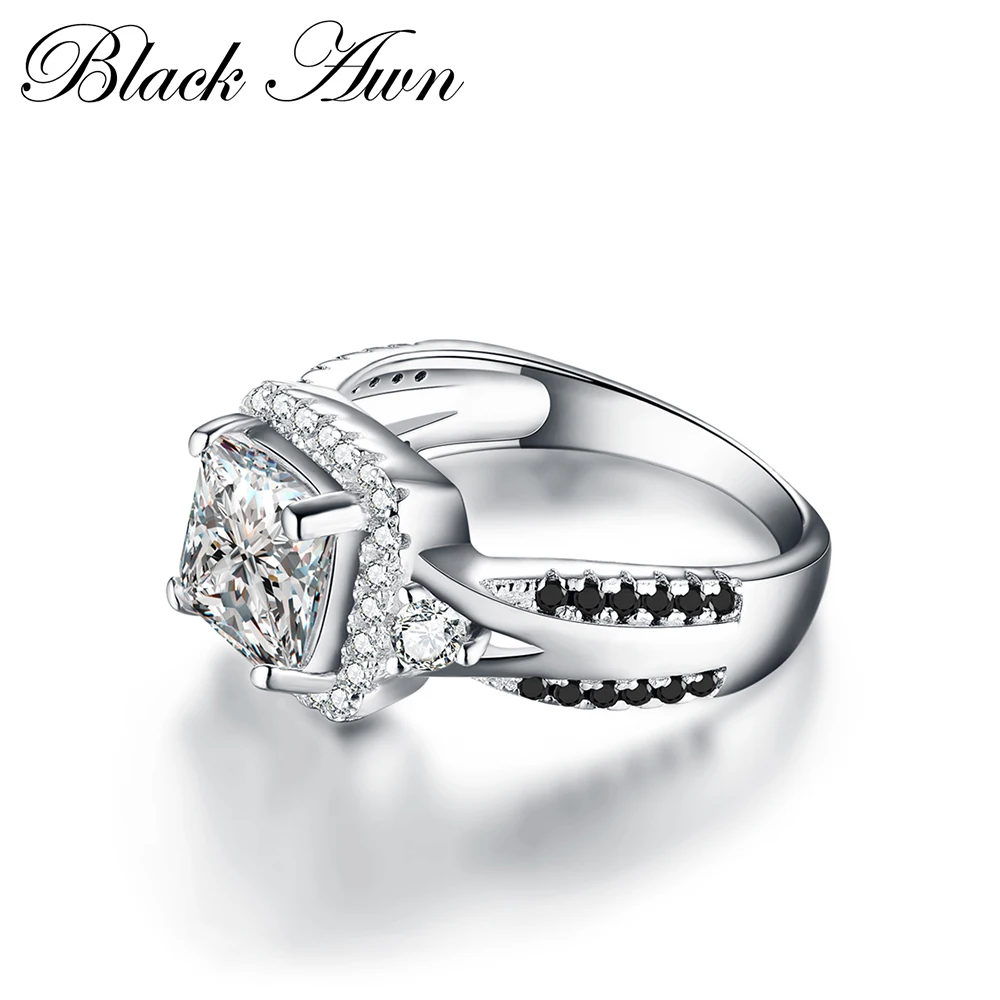 [BLACK AWN] Genuine 925 Sterling Silver Jewelry Classic Wedding Rings for Women Black&White Femme Ring Bijoux Bague C183