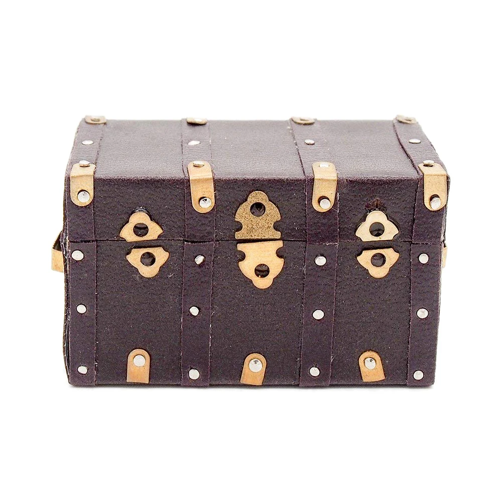 Odoria 1:12 Miniature Treasure Chest Vintage Wood Case with Leather and Golden Holder Furniture Doll House Accessories Decor