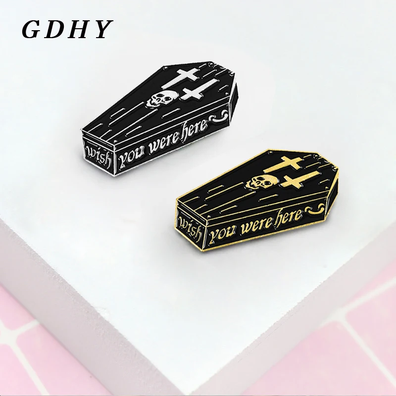 GDHY Wish You Were Here Coffin Cross Brooch Black Coffin Skeleton Enamel Pin Halloween Coat  Badge For Kids Gift Jewelry