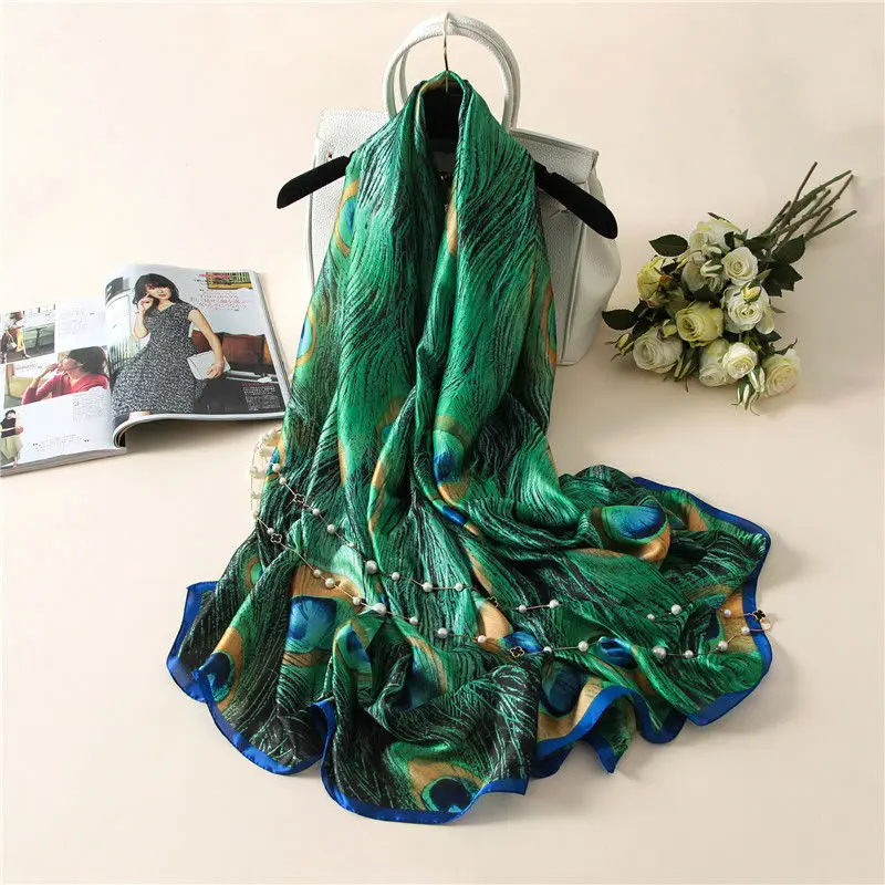 2023 Latest Lovely Animal Green Peacock Feather Silk Shawl Scarf Spain Luxury Brand Beach Bandanas Foulard Sjaal Wrap Hijab Caps