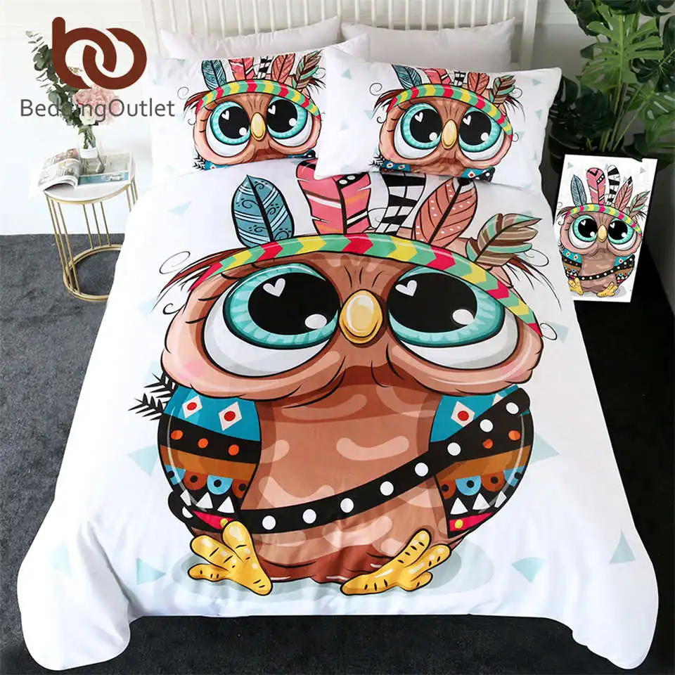 BeddingOutlet Cartoon Owl Bedding Set for Kids Tribal Feathers Duvet Cover Aztec Geometric Bed Set Colorful Bird Home Textiles