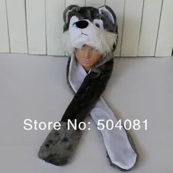 2023 Hot sale cute Plush Cartoon wolf husky Bunny Bear Dog Hats Fluffy Warm animal 3 in 1 Multi-function hat Scarf Gloves Cap