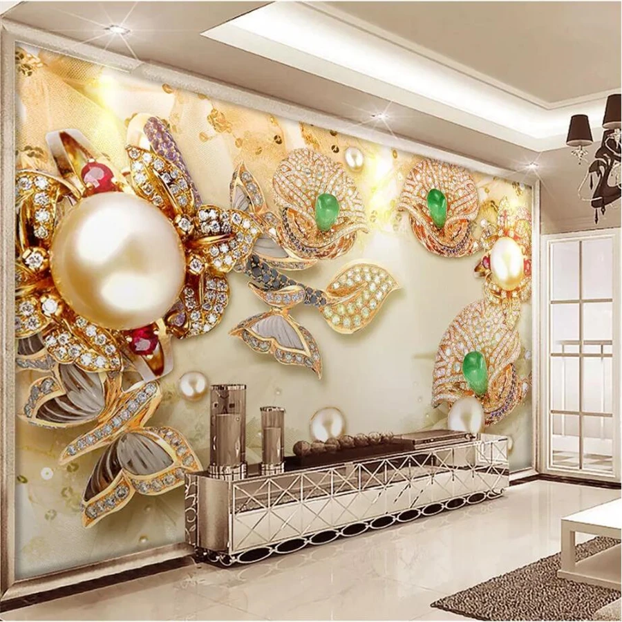 Custom wallpaper 3D papel de parede gold glazed diamond flower jewelry background wallpapers home decor decoración de habitación