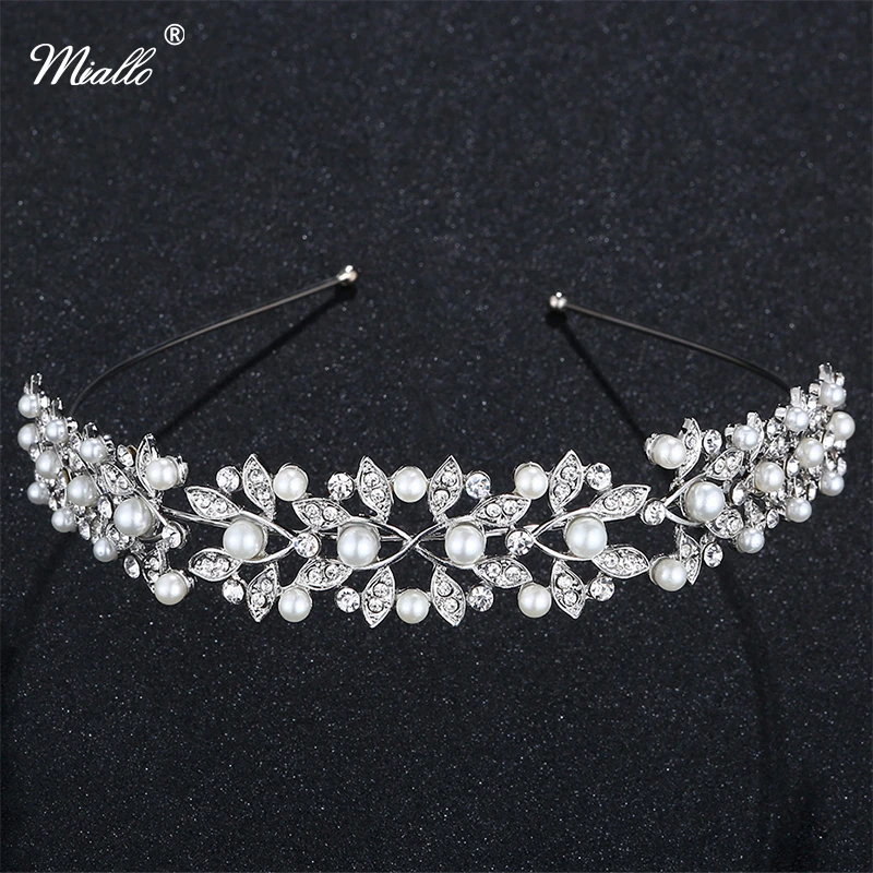 Miallo Rhinestone Pearls Crown Headband Vintage Crystal Bridal Tiaras Wedding Hair Jewelry Leaves Princess Diadem for Women