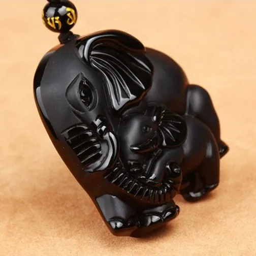 RongDe Drop Shipping Natrual Obsidian Carved Elephant Nose God of Wealth Lucky Pendants Black Obsidian Necklace Pendant