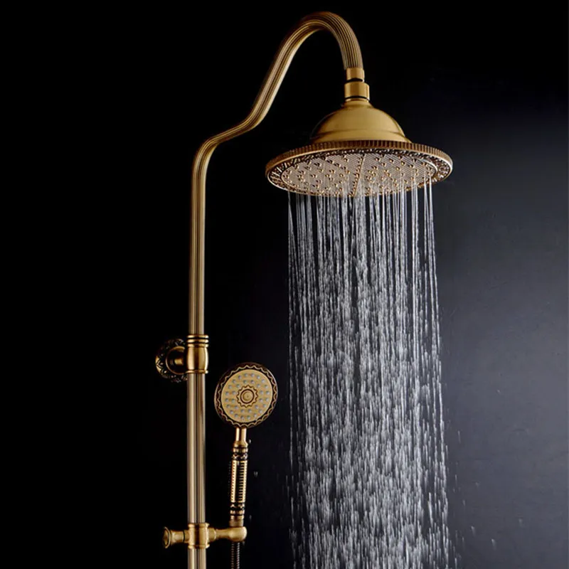 

New Arrival luxury Retro Carved Bathroom Wall Mounted Carving Hand Held Antique Brass Shower Head Kit Shower Faucet Set