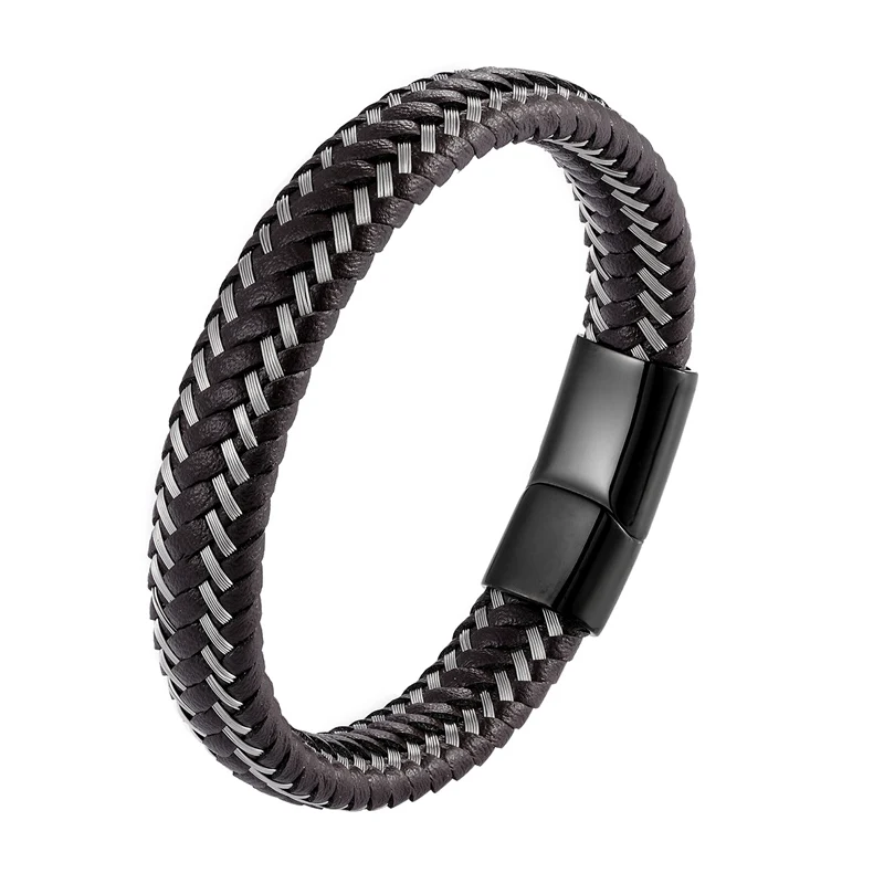 2019 New 12mm Casual Woven Leather Bracelet Men\'s Bracelet Ladies Stainless Steel Bracelet Black Brown Jewelry Gift 19/21/23cm