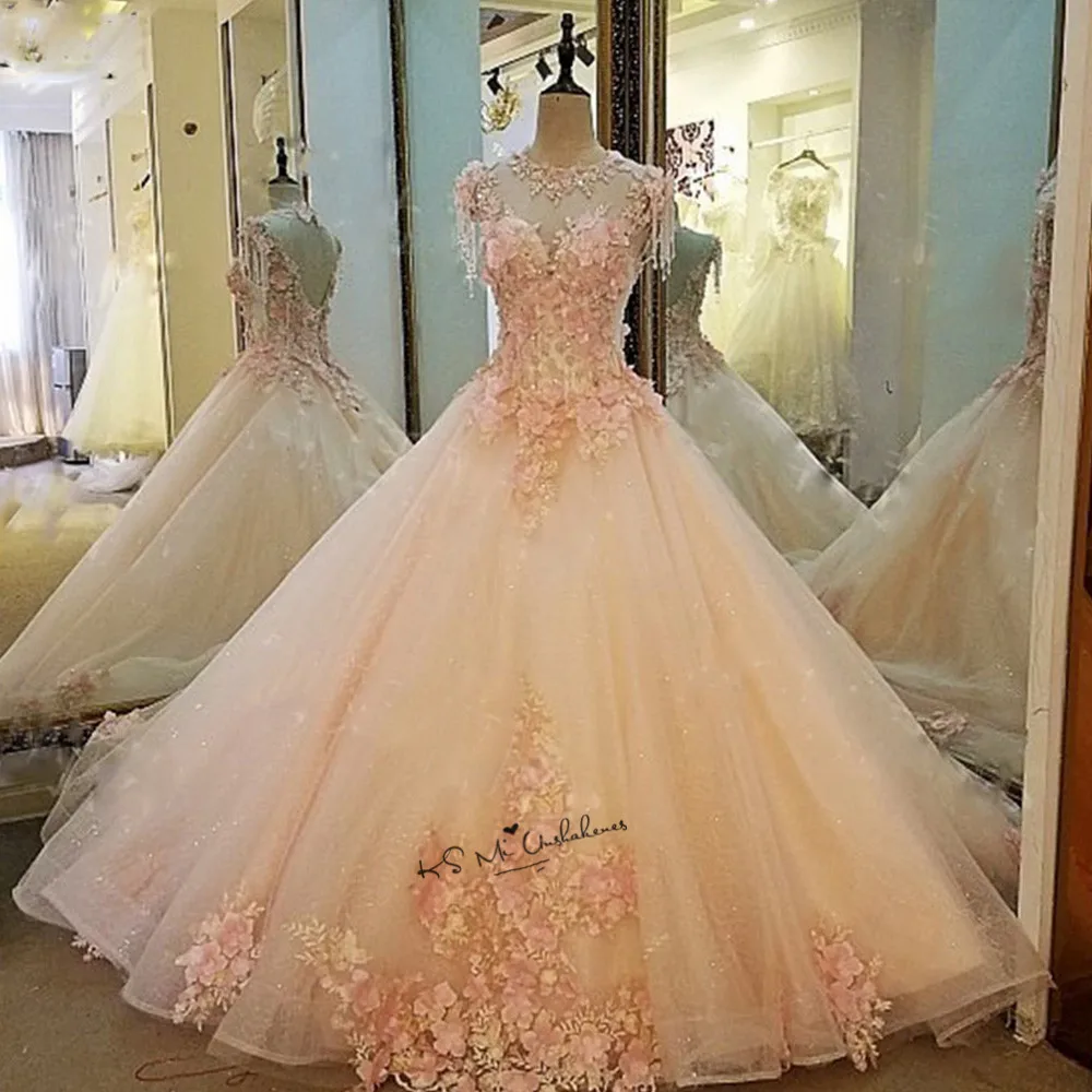 Diamond Tulle Vintage Wedding Dress 2018 Vestidos de Noivas Pearls Flowers Pink Bride Dresses Custom Made Princesa Wedding Gowns