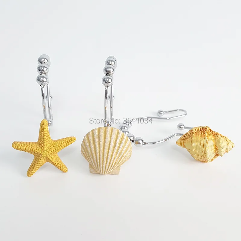 

1bag 12pcs New yellow starfish & shell conch resin double hook resin shower curtain track hooks curtain accessory