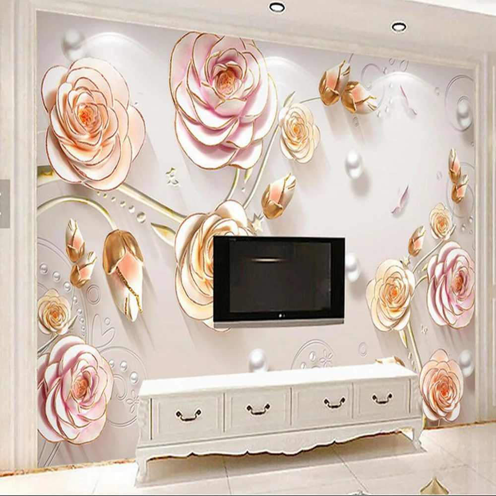 

European 3D Embossed Pink Rose Flower Wall Mural Photo Wallpaper for Living Room TV Background Wall Decor Murals Wallcoverings