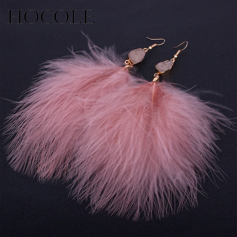 HOCOLE Bohemia Fluffy Feather Tassel Earrings For Women Black White Pink Long Fur Drop Earrings Wedding Statement Jewelry Brinco