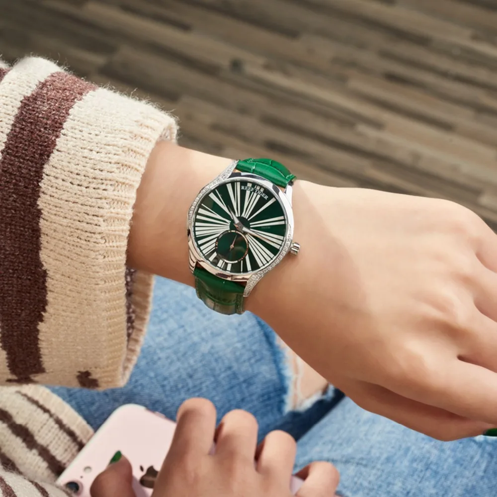 

Reef Tiger/RT Women Fashion Watch Top Brand Luxury Automatic Watches Green Leather Strap Diamond Watch reloj mujer RGA1561