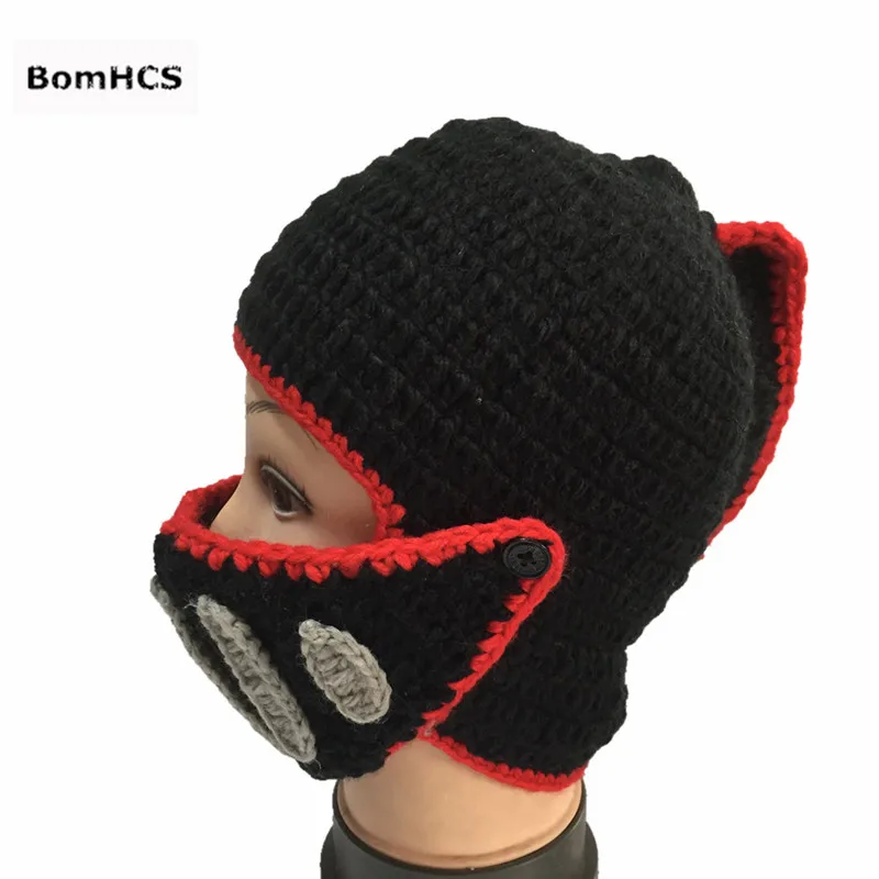 BomHCS Funny Knight Hat with Beard Mask 100% Handmade Crochet Beanie Cool Winter Cap