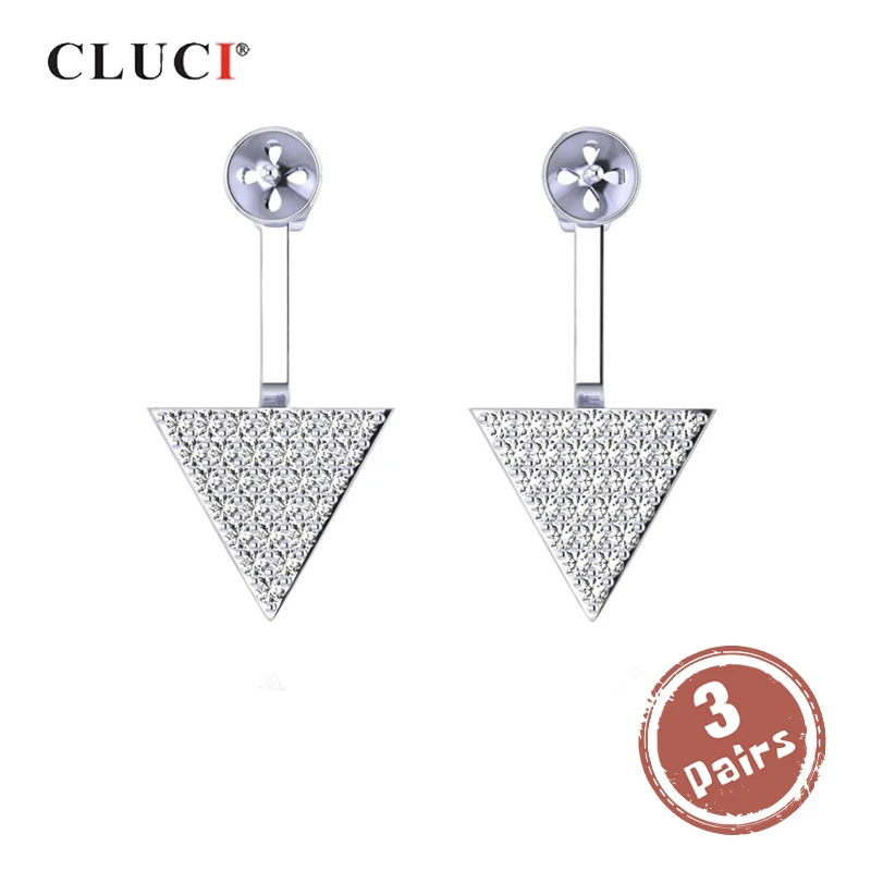 

CLUCI 3 pair Silver 925 Zircon Earrings For Women 925 Sterling Silver Pearl Earrings Mounting Triangle Earrings SE115SB