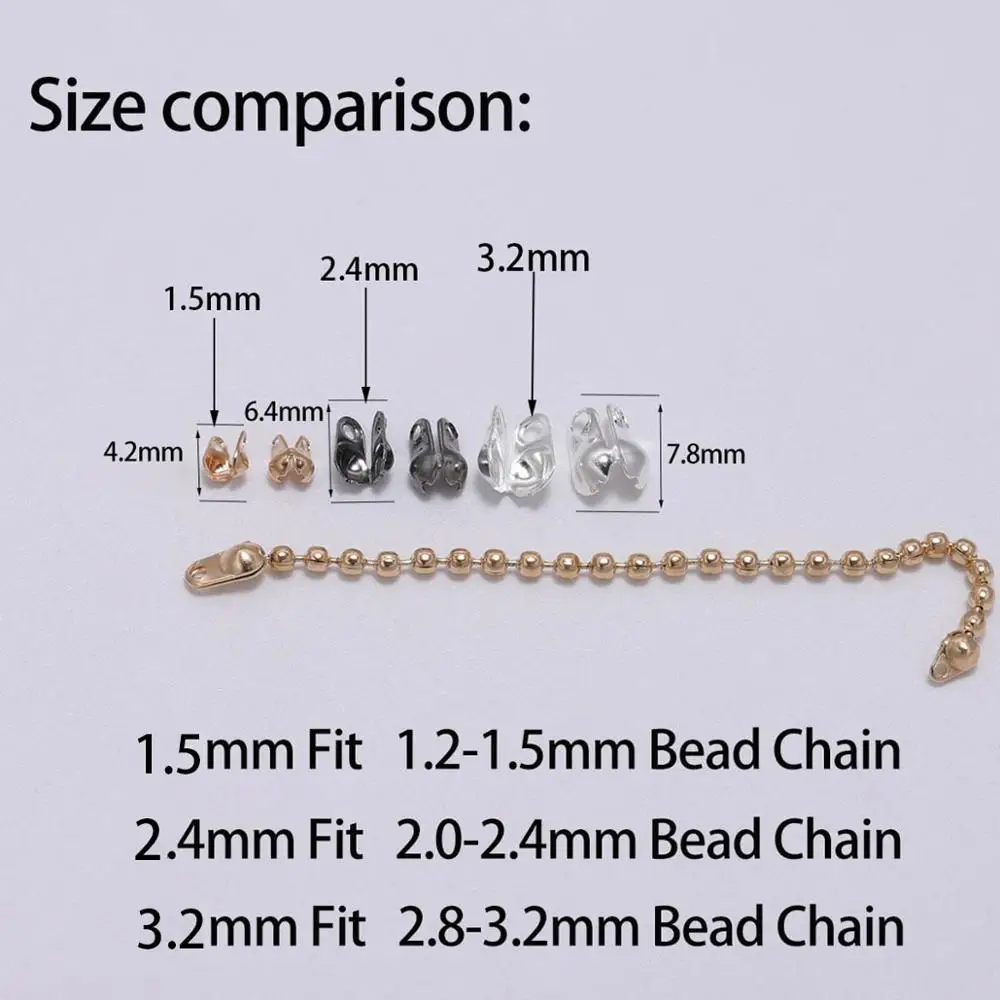 200pcs 1.5 2.4 3.2mm Ball Chain Clasps Calottes End Crimps Beads Ball Necklace Chain Connectors Findings For DIY Jewelry Making