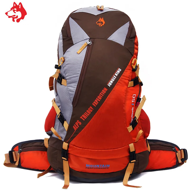 50L Hot Sale Yellow/Brown/Blue Waterproof Multifunctional Camping Backpack bag with Splicing color hiking backpack