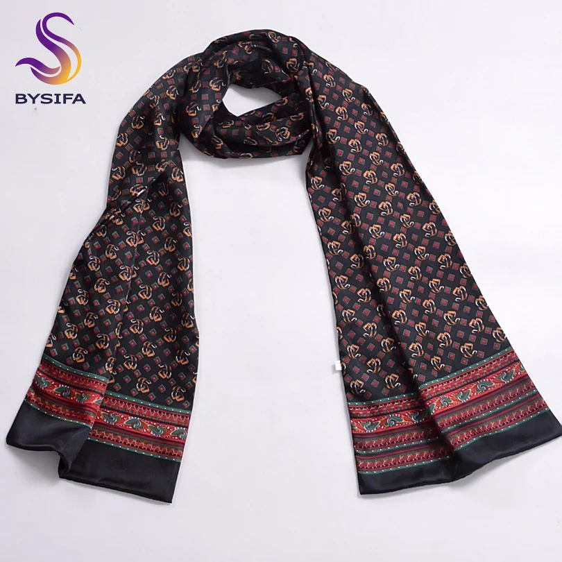 [BYSIFA]  Winter Black Plaid Men Silk Scarf  2016 New Spring Autumn 100% Pure Silk Male Long Scarves Neck Warmer Scarf 160*26cm