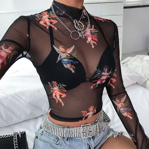 Women’s Sheer Mesh Long Sleeve T-Shirt AOWOFS