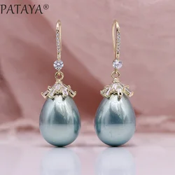 PATAYA New Oval Shell Pearls Long Earrings 585 Rose Gold Color Square Natural Zircon Women Luxury Fine Wedding Fashion Jewelry