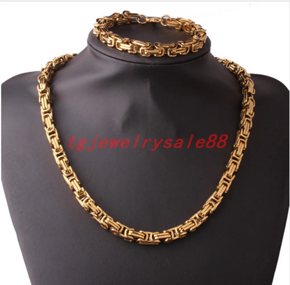 8mm Wide Fashion Gold Stainless Steel Byzantine Chain Box Link Chain Necklace with Bracelet Sets Jewelry