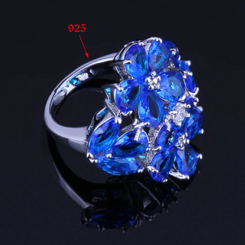 Gleaming Huge Blue Cubic Zirconia White CZ Silver Plated Ring V0165