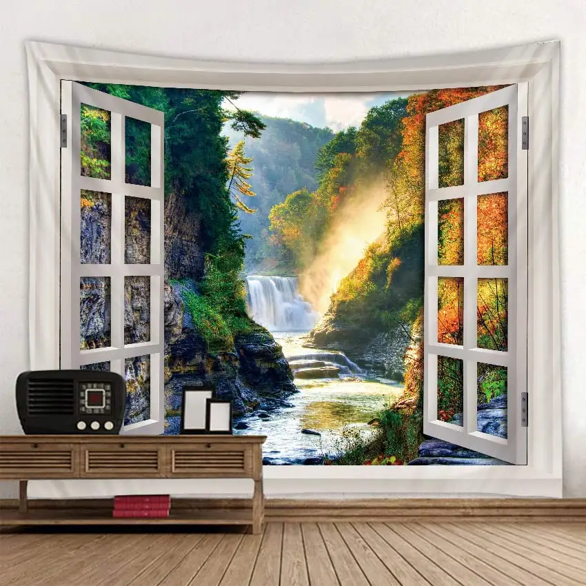 Valley Waterfall Landscape Tapestry Boho Mandala Wall Hanging Royal Blue 3D Hippie Wall Tapestry Home Decor Mint Yoga Mat