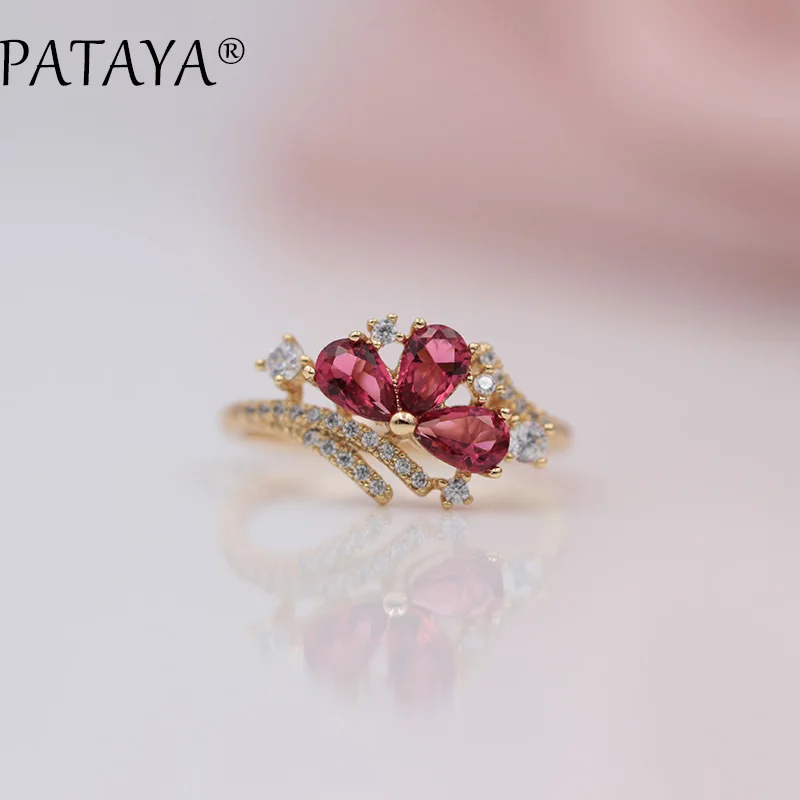 PATAYA New Arrivals 585 Rose Gold Color Micro-wax Inlay Green Water Drop Natural Zircon Rings Women Wedding Party Trendy Jewelry