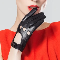 YY8800 Women Genuine Leather Short Thin Gloves With Holes Feminina Straps Cross Locomotive Rock Punk Club Luvas Driving Mitt