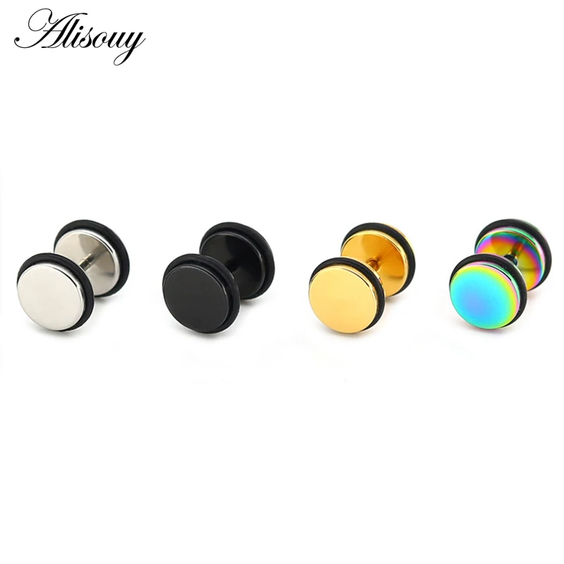 Alisouy 2Pcs Mens Barbell Punk Gothic 4-12mm Stainless Steel Ear Studs Fake Ear Plug Stretcher Cheater Earring Piercing Jewelry