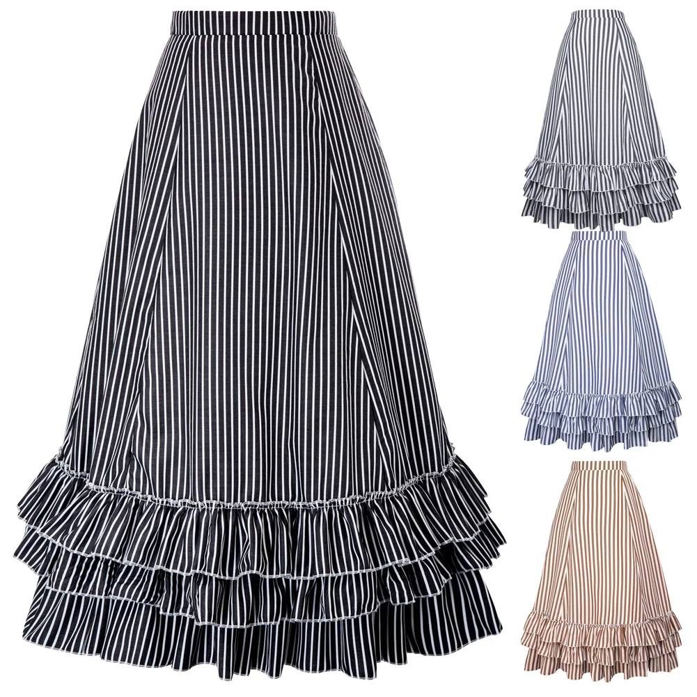 Retro Vintage Gothic Black & White Stripes Bustle Skirt pastel goth steampunk club party rockabilly skirts womens maxi skirt