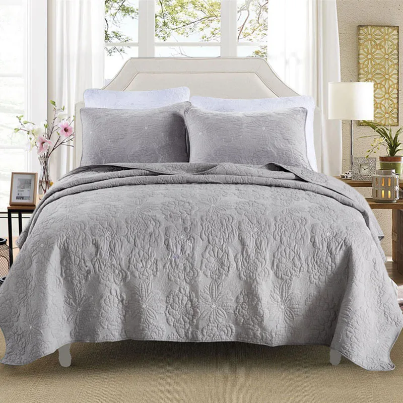 

Quality Gray Embroidered Quilt Set 3pcs Bedspread bedding Cotton Quilts Bed Covers Pillowcase Blanket King Queen Size Coverlet