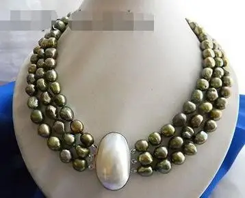 

Free Shipping 3strands 18'' 8-10mm Green Baroque Freshwater Pearl Necklace