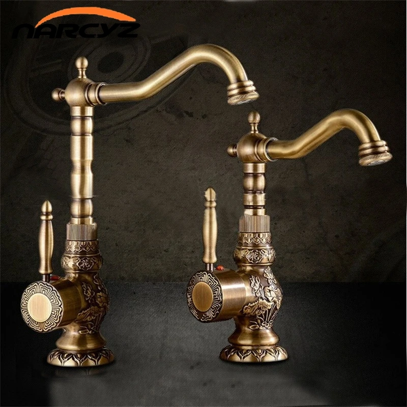 Basin Faucets Antique Brass Bathroom Faucet Basin Carving Tap Rotate Single Handle Hot and Cold Water Mixer Taps Crane XT940