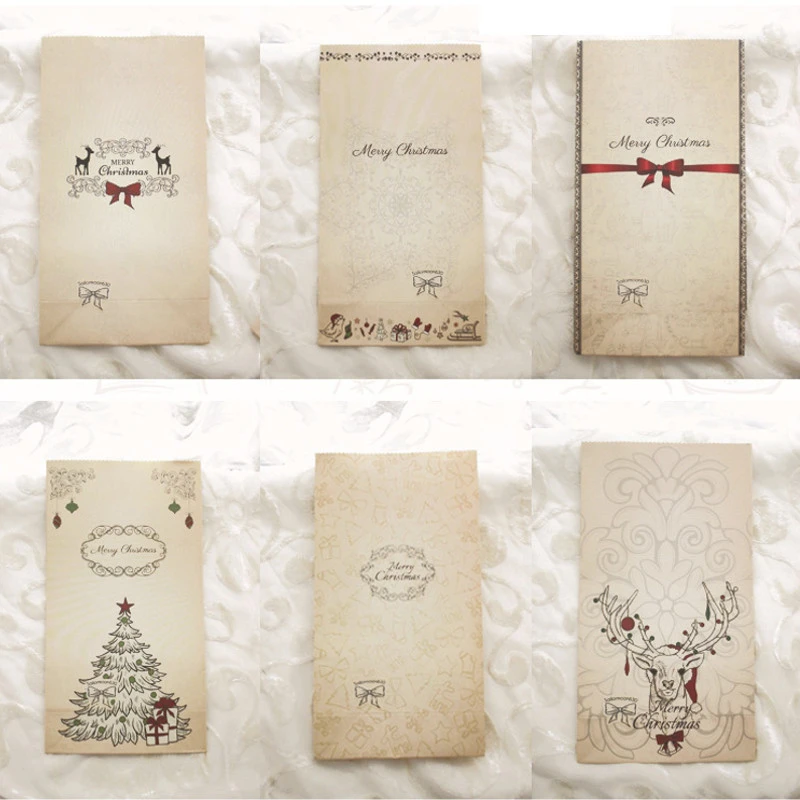 New 6pcs/set Kraft Paper Bag Merry Christmas Gift Bags Party Lolly Favour Bowknot Wedding Packaging 22x12x6cm Mix