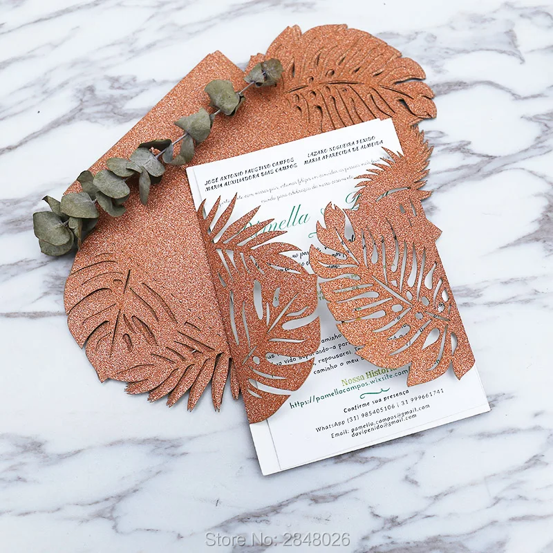 

Customized Copper gold tropical Laser Cut Wedding Invitation,palm tree style invitations, personalized printed folded cards